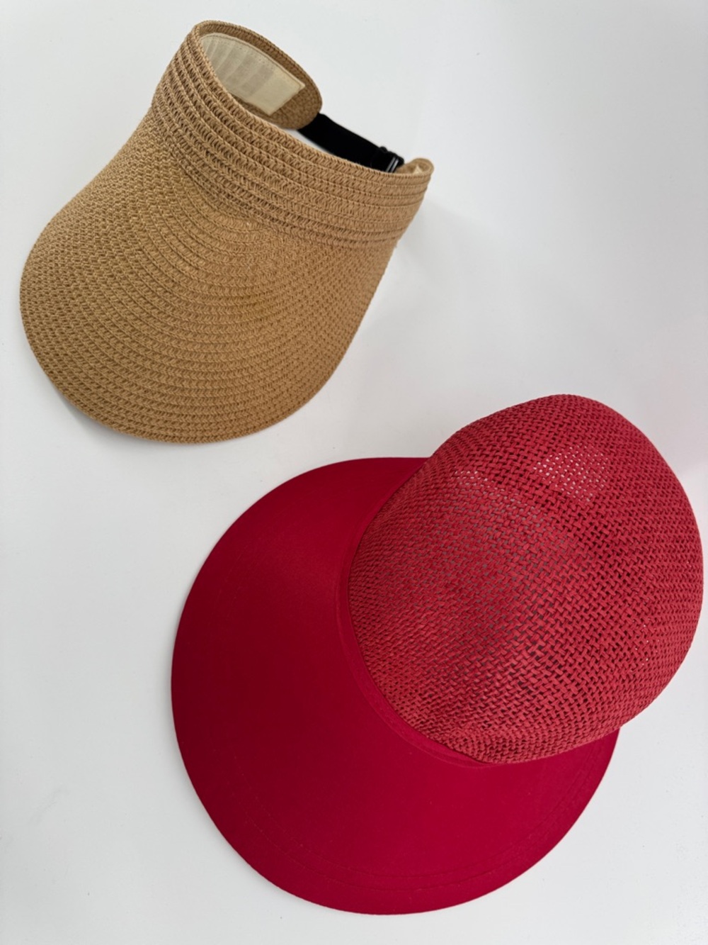 Sun N Sand Women's Straw Visor and Wide-Brim Hat Set - Red and Tan Beach Travel